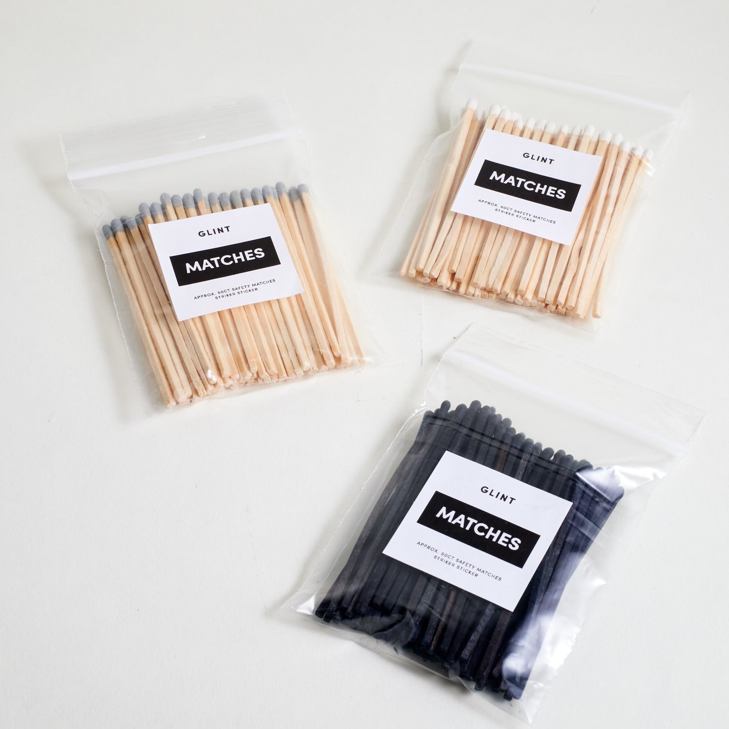 GROUP OF THREE  4 INCH SAFTY MATCHES IN A ZIPLOCK BAG. EACH HAS A GLINT LABEL ON IT 